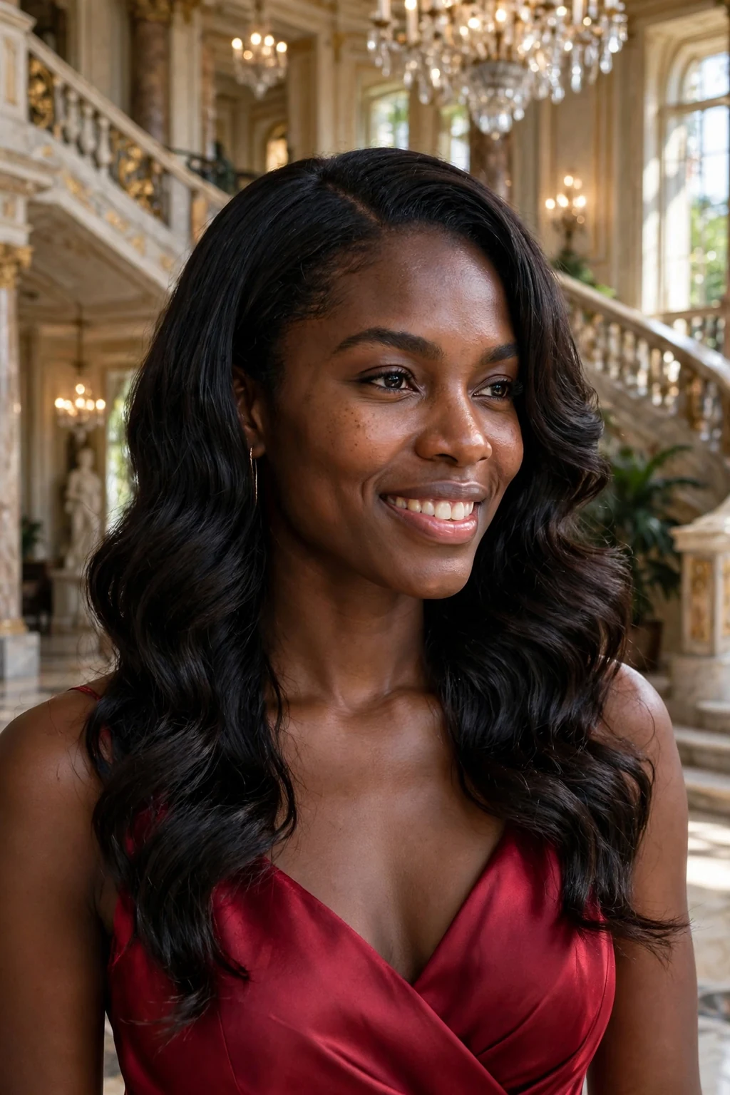 Young woman with glamorous deep side part waves in a grand staircase hall.