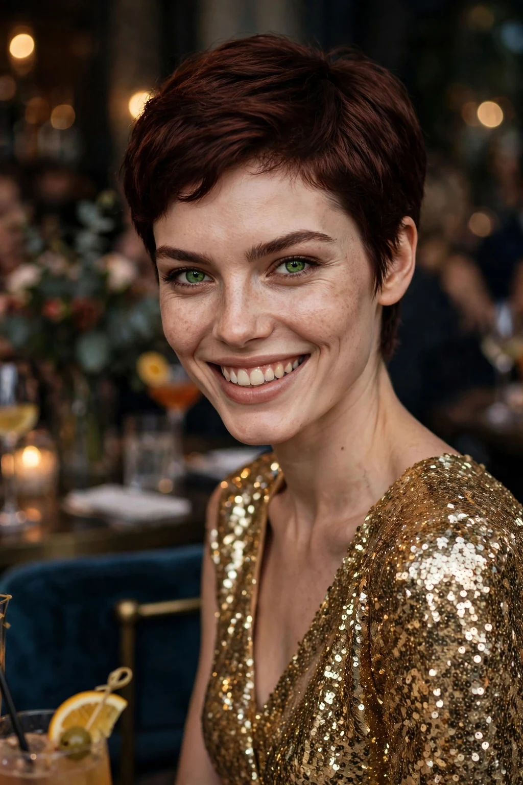 Young woman with a glamorous holiday pixie, wearing a gold sequin top at a chic cocktail party.