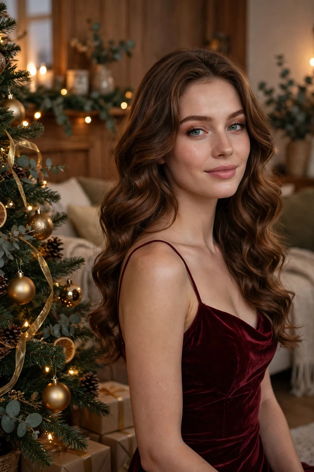Young woman with glamorous Hollywood waves at a Christmas party, wearing a burgundy velvet dress.