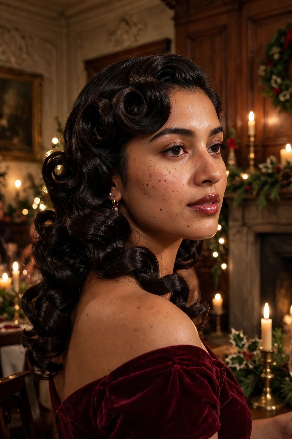 A young woman with glamorous vintage curls at a holiday party, wearing a burgundy off-shoulder dress.