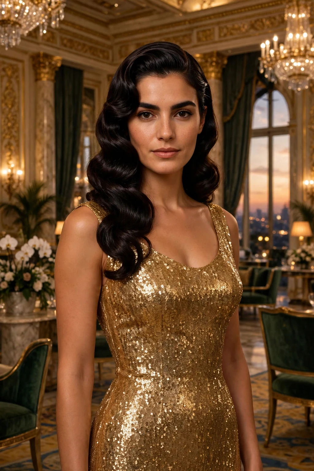 Young woman with a glamorous old Hollywood side part hairstyle at a wedding, wearing a gold dress.