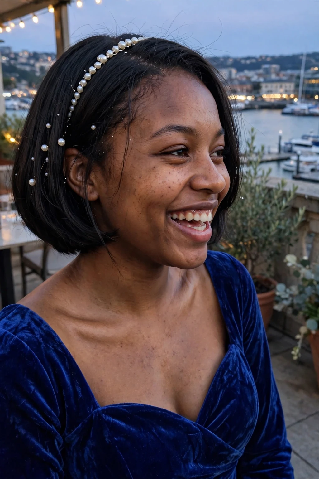 Young woman aged 18 to 20 with glamorous short bob with pearl accessories hairstyle for prom, a hotel terrace overlooking a harbour at dusk.