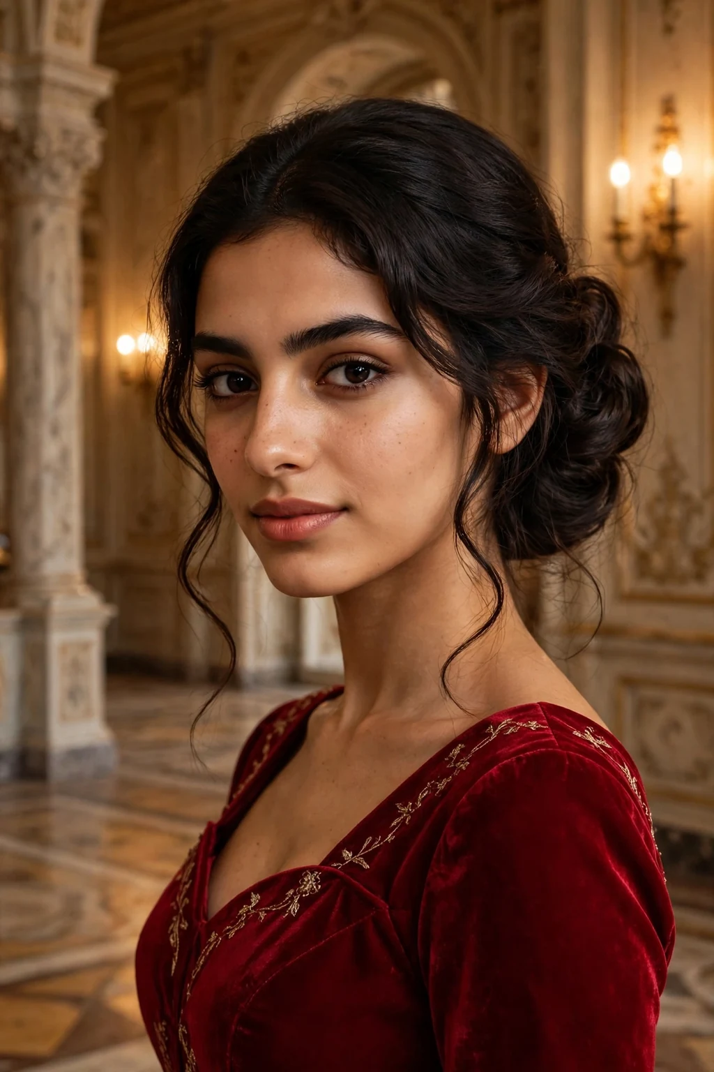 Young woman aged 19 with glamorous side bun prom hairstyle for medium length hair, elegant formal look.