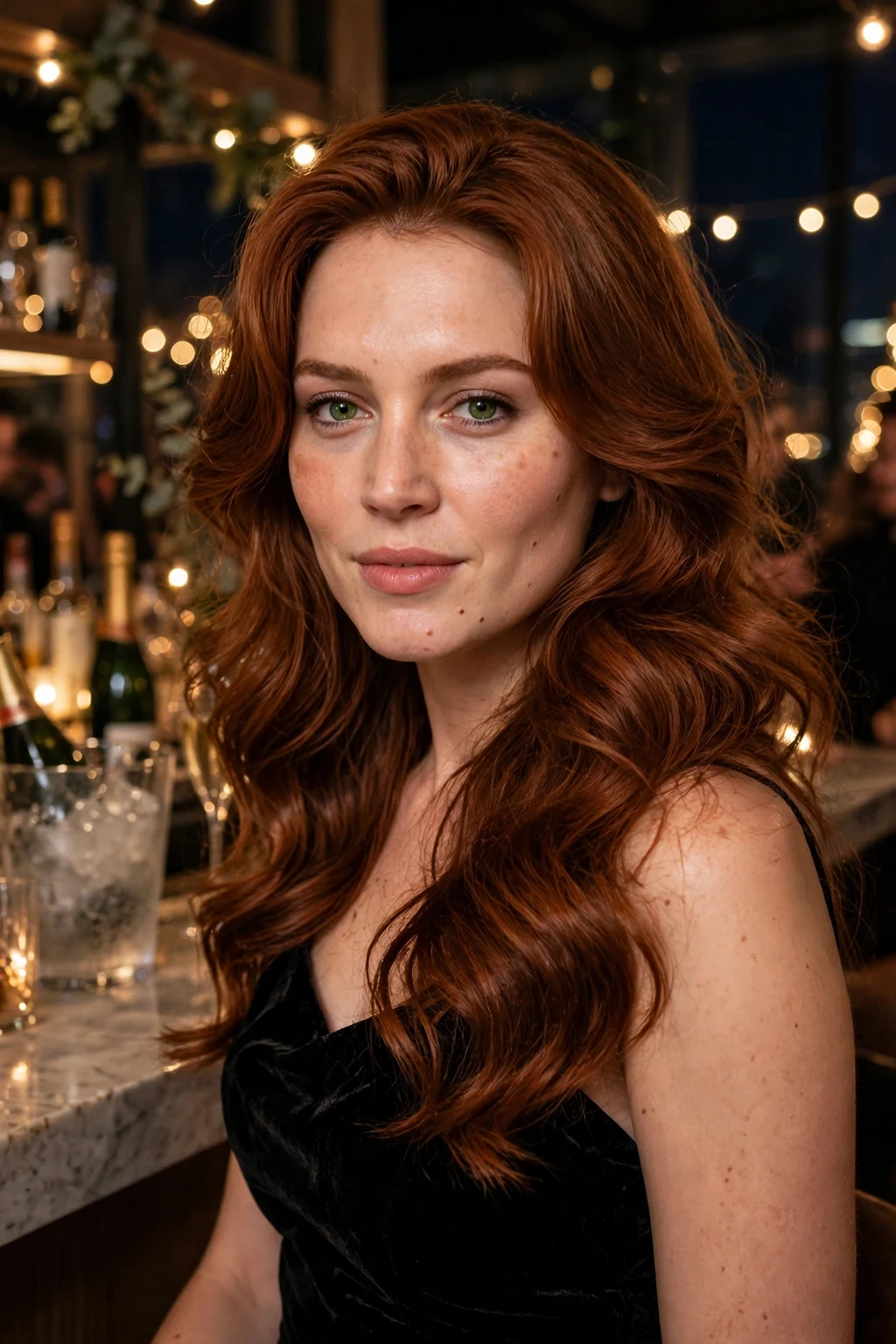 Young woman with glamorous side-swept waves wearing a black velvet dress at a champagne bar.