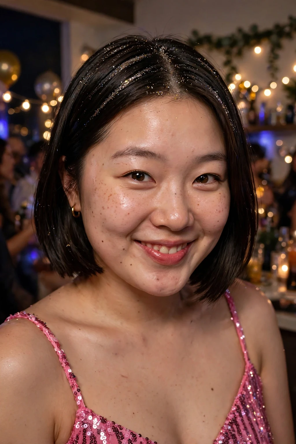 Young East Asian woman with glitter roots party hair wearing a pink sequin mini dress at a house party.