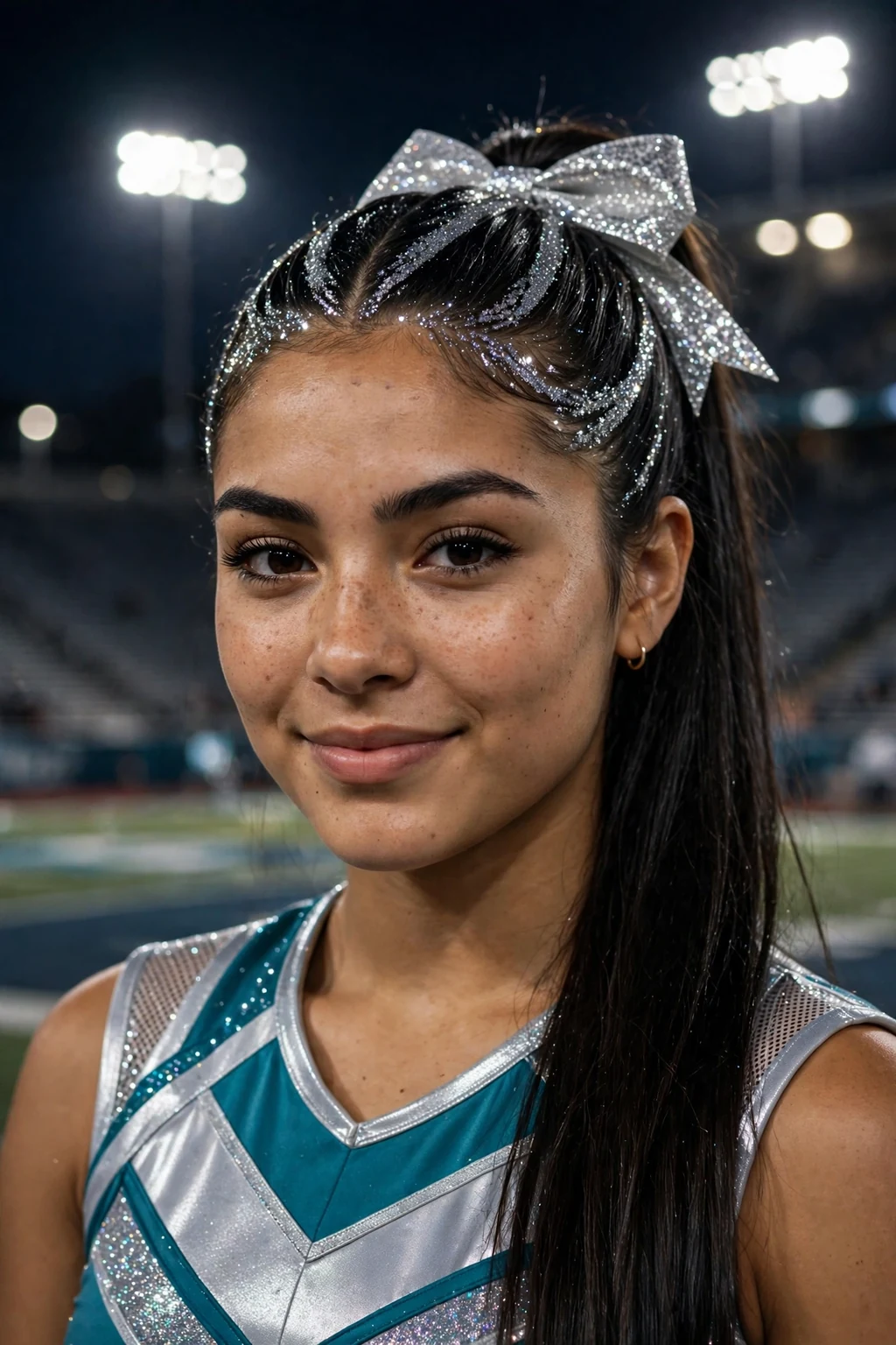 Young cheerleader with a glitter roots ponytail and a sparkly silver bow, under stadium lights at night.