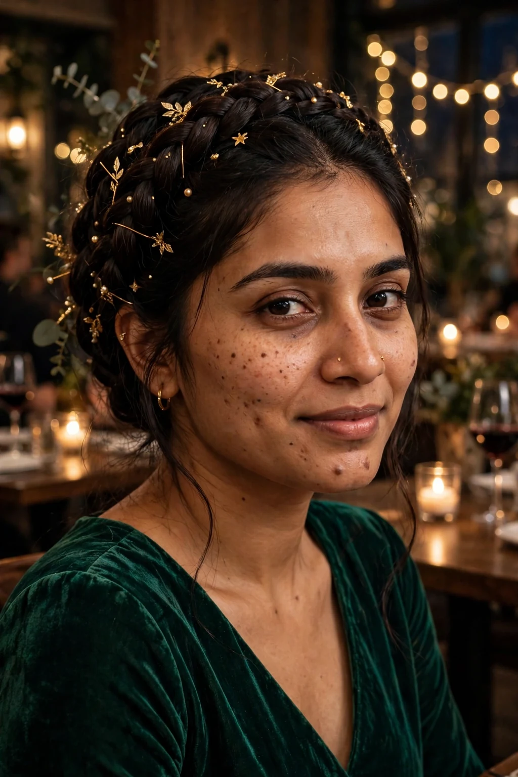 Young South Asian woman with a glittering braided crown wearing an emerald velvet dress at a candlelit dinner.