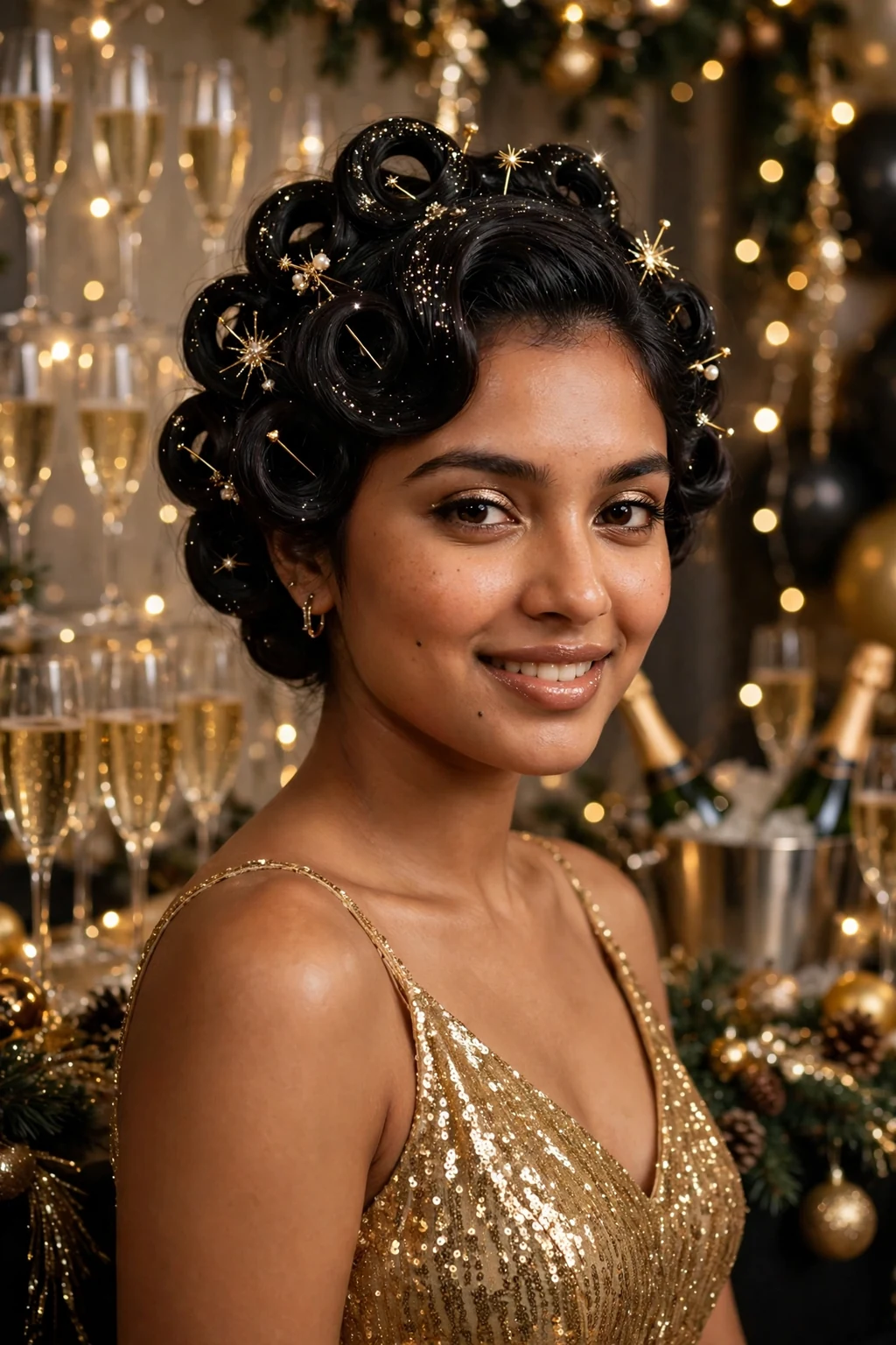 Young woman with a glittering pin curls updo, wearing a gold party dress.