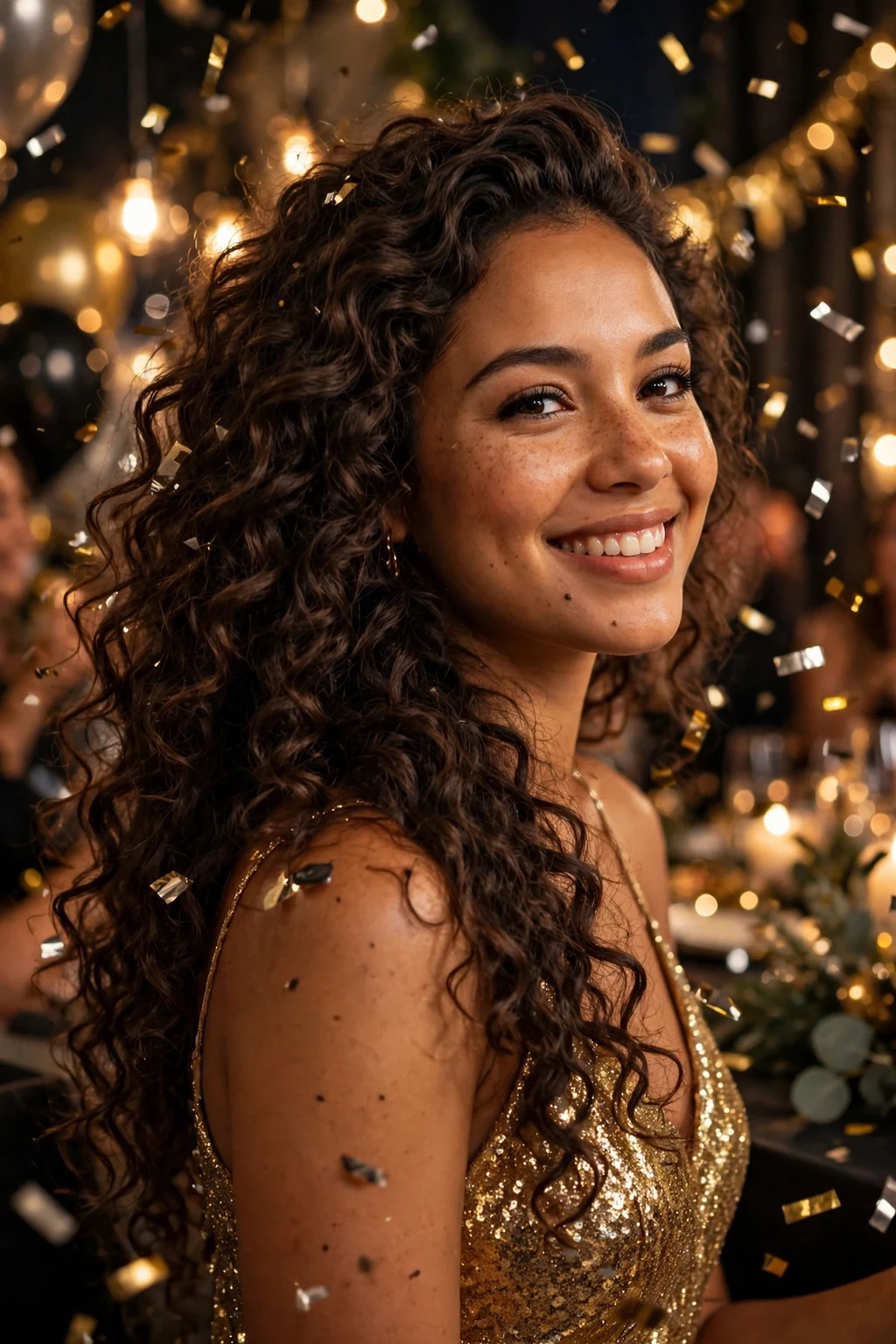 A young woman with glittering side-swept curls at a New Year party, wearing a gold sequin dress.