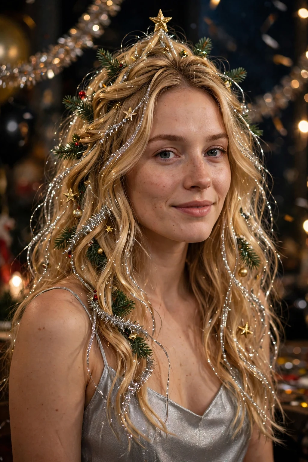 Young woman with glittering tinsel waves hairstyle, festive holiday look.