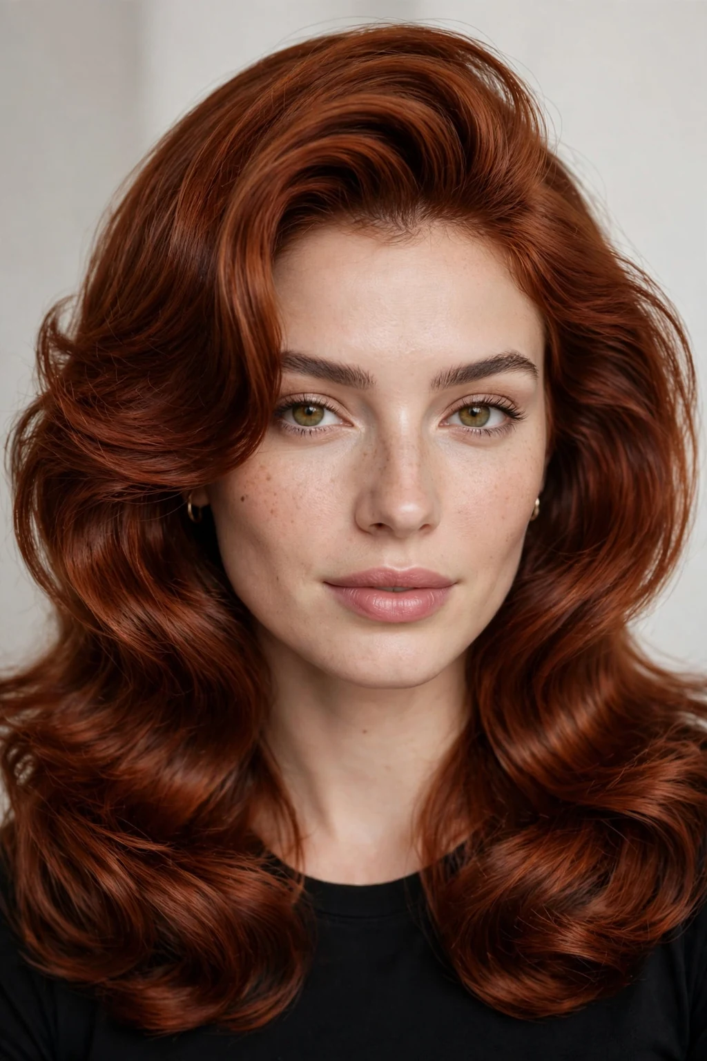 Woman with glossy auburn blowout, smooth bouncy blow-dried auburn hair, glamorous light.