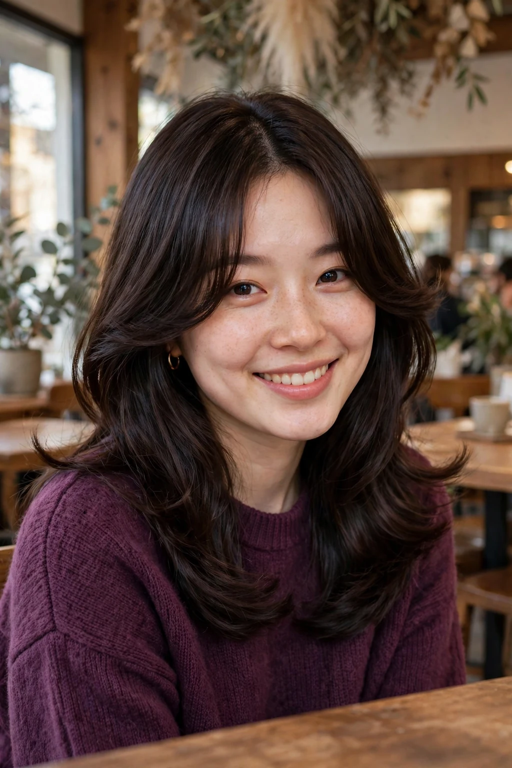 Young woman with a glossy curtain-bang blowout hairstyle in a cafe.