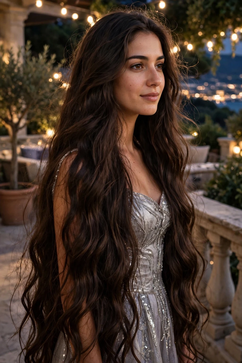 A young Lebanese woman in her late 20s with very long dark brown hair in glossy Hollywood waves, wearing a silver evening gown on an evening venue terrace.