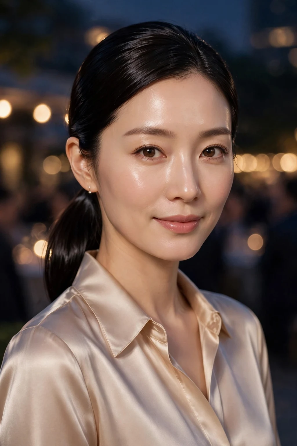 Beautiful woman with low pony with high shine, glossy shiny low pony, luminous light.