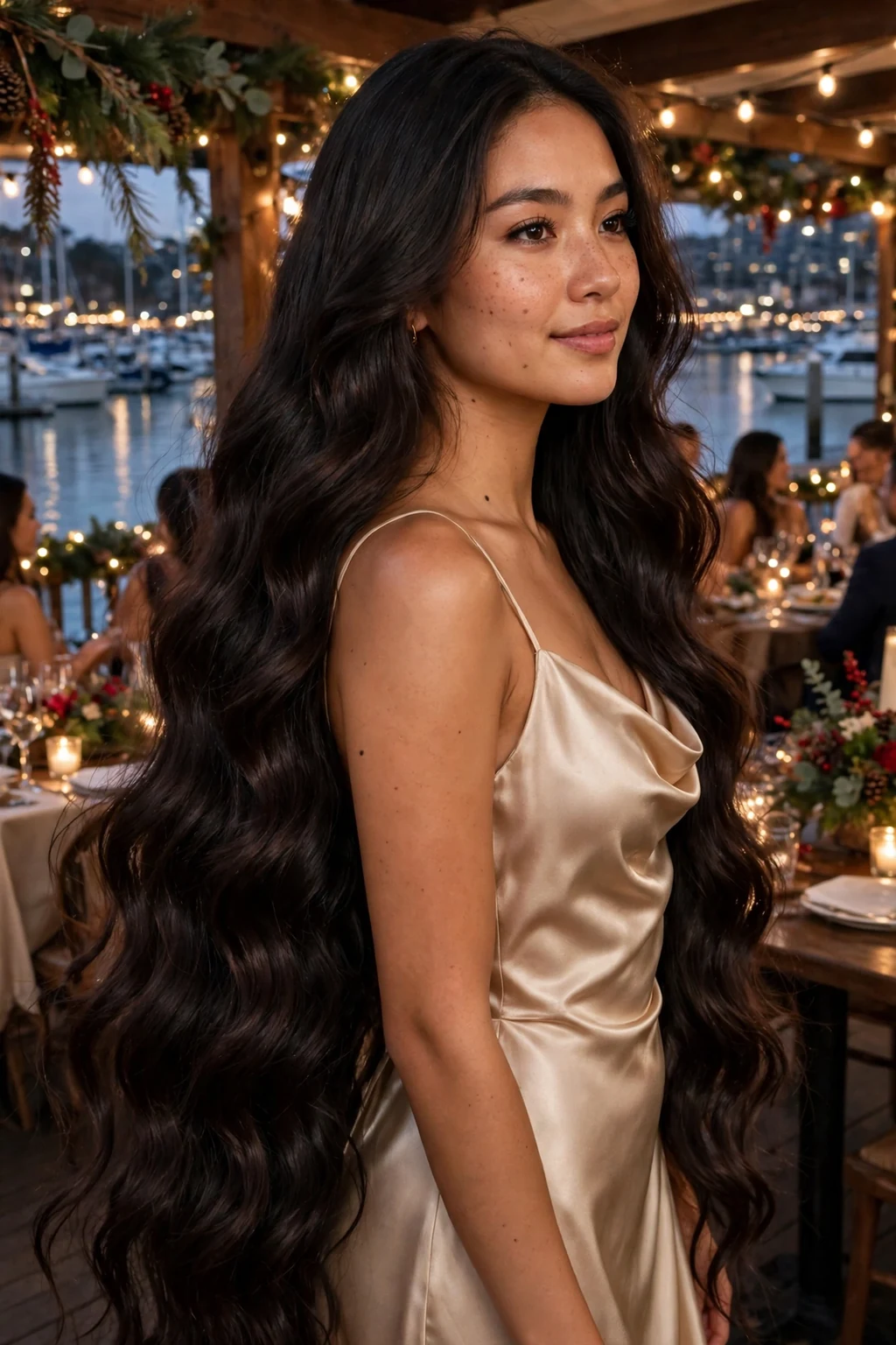 A young woman with glossy long mermaid waves at a holiday party, wearing a champagne satin dress.