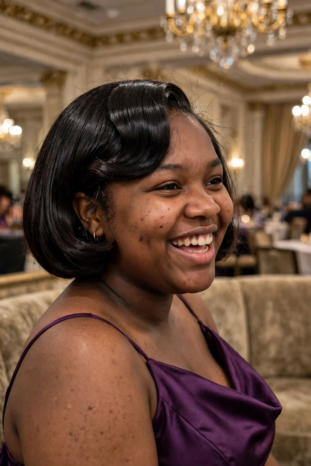 Young woman aged 18 to 20 with glossy sculpted bob hairstyle for prom, a grand hotel ballroom with chandeliers.