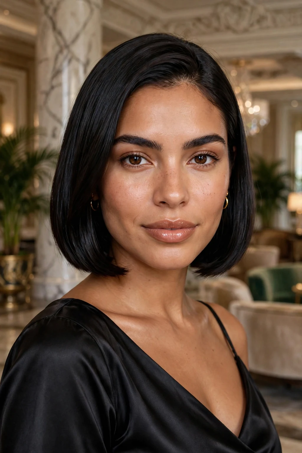 Beautiful woman with glossy sleek bob, high-shine sleek bob, luminous light.