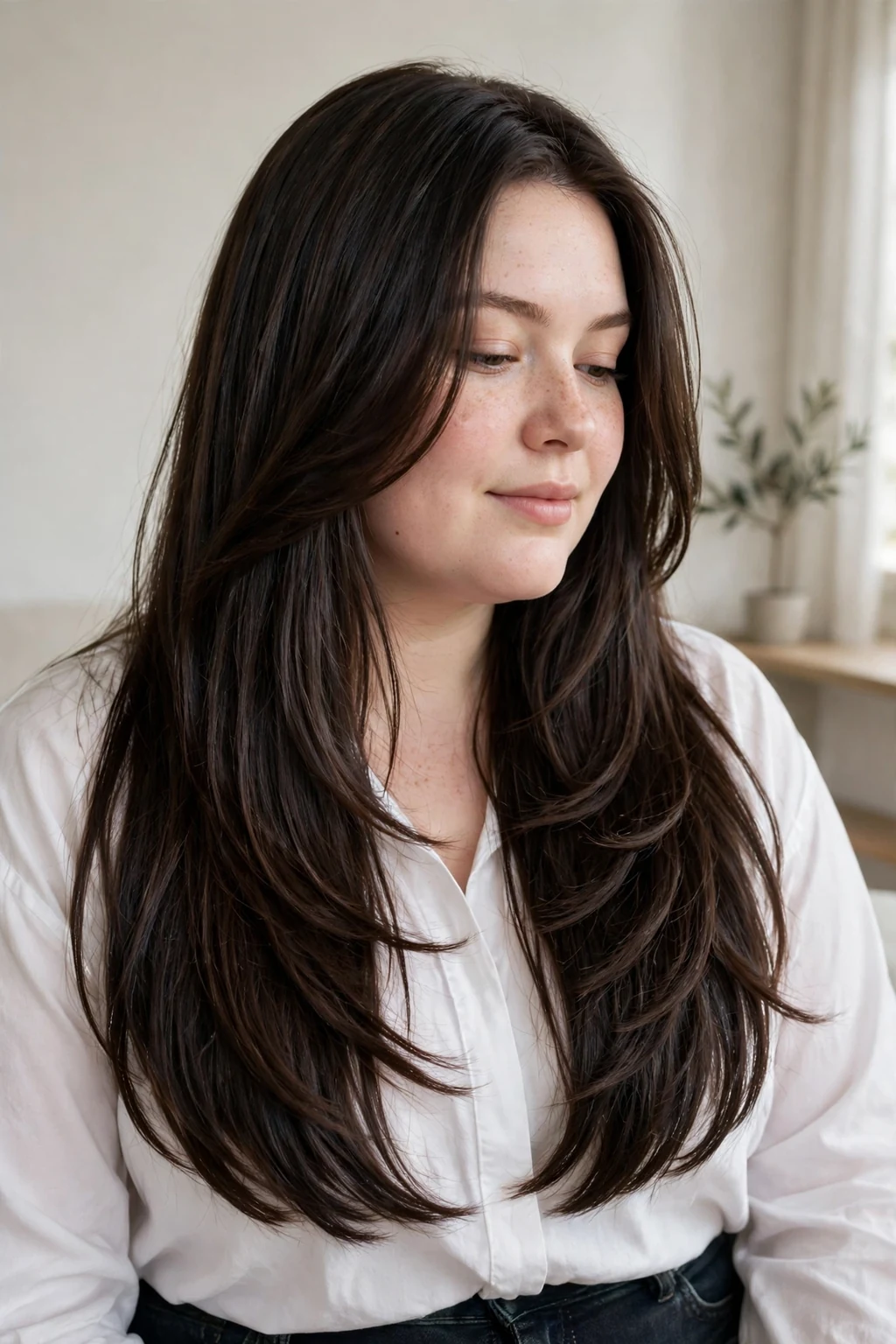 Plus-size woman in her twenties with glossy straight long layers, wearing a white shirt and dark jeans in a minimalist apartment.