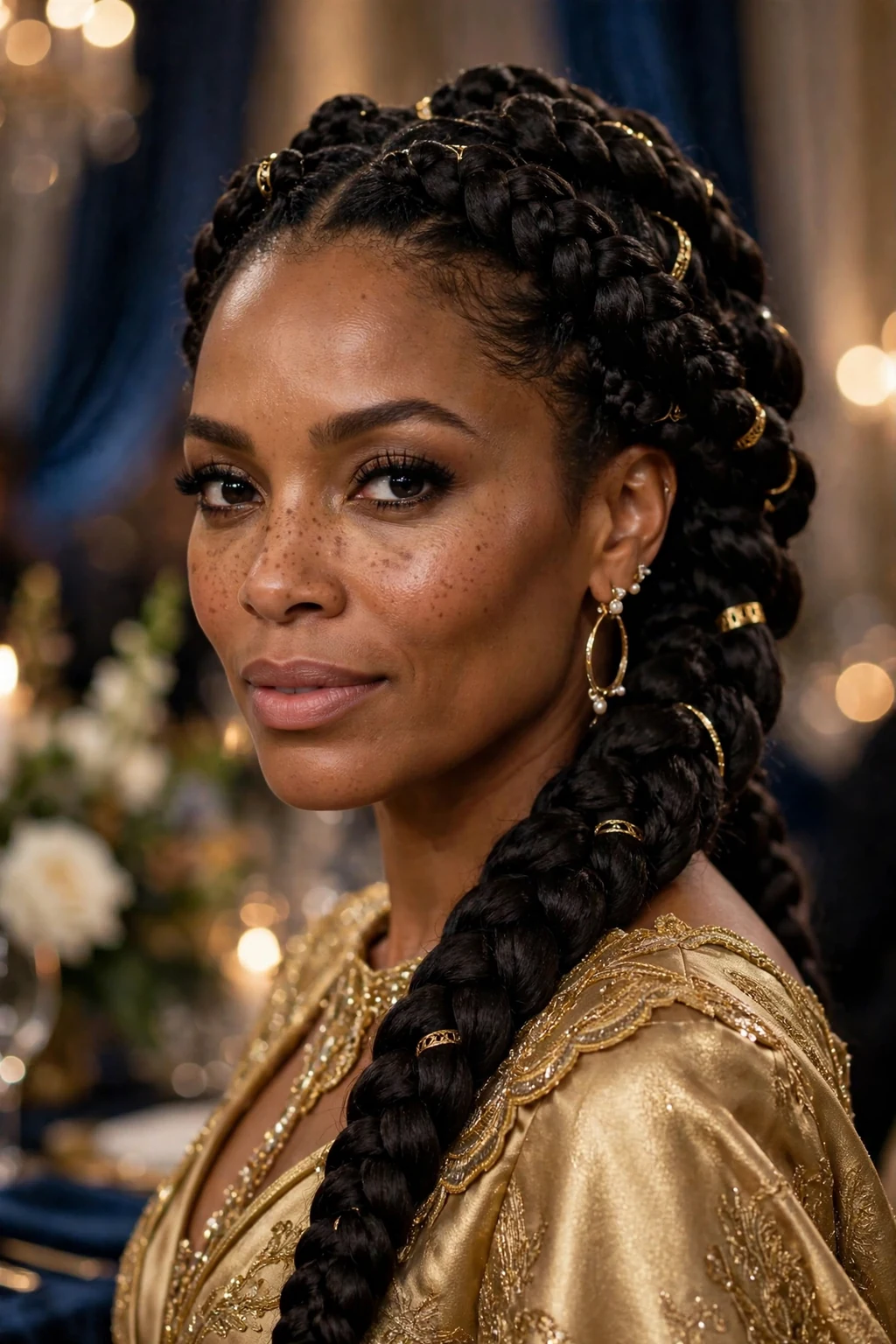 Beautiful woman with goddess braids, stunning goddess braids, luxurious light.
