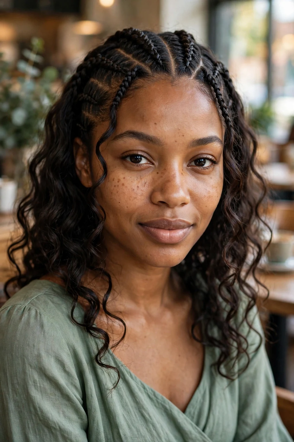 Young Black woman with goddess cornrows and face-framing curls in a cafe, wearing a sage green dress.