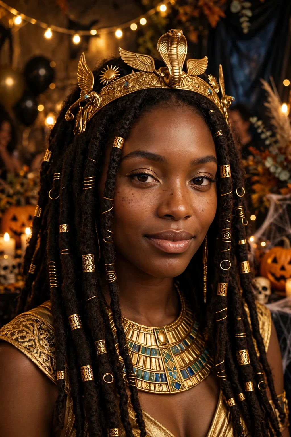 Young Black woman with long goddess locs decorated with gold cuffs, dressed as an Egyptian goddess.