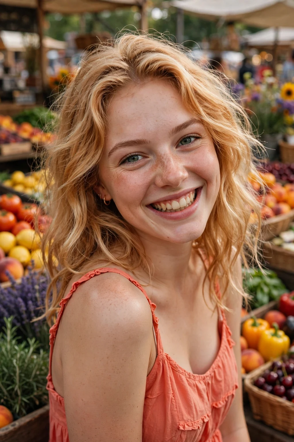 Beautiful woman with golden apricot blonde hair color, apricot golden peachy tones, playful light.