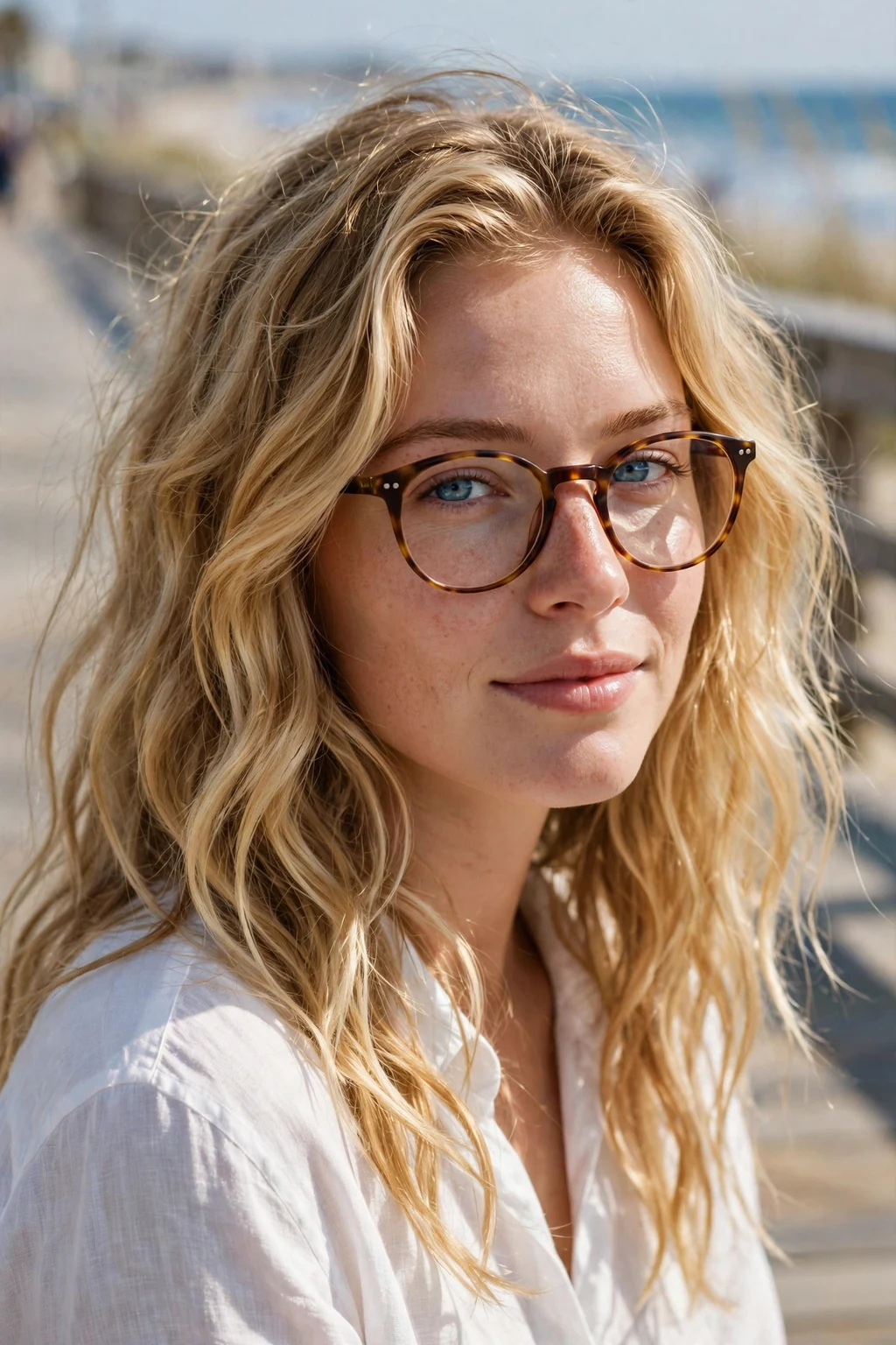 Young woman in her mid 20s with golden blonde beach waves wearing round tortoiseshell glasses.