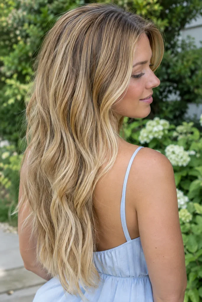 Golden blonde balayage on long wavy hair with darker roots and luminous lighter ends, shown from a three-quarter back view outdoors.