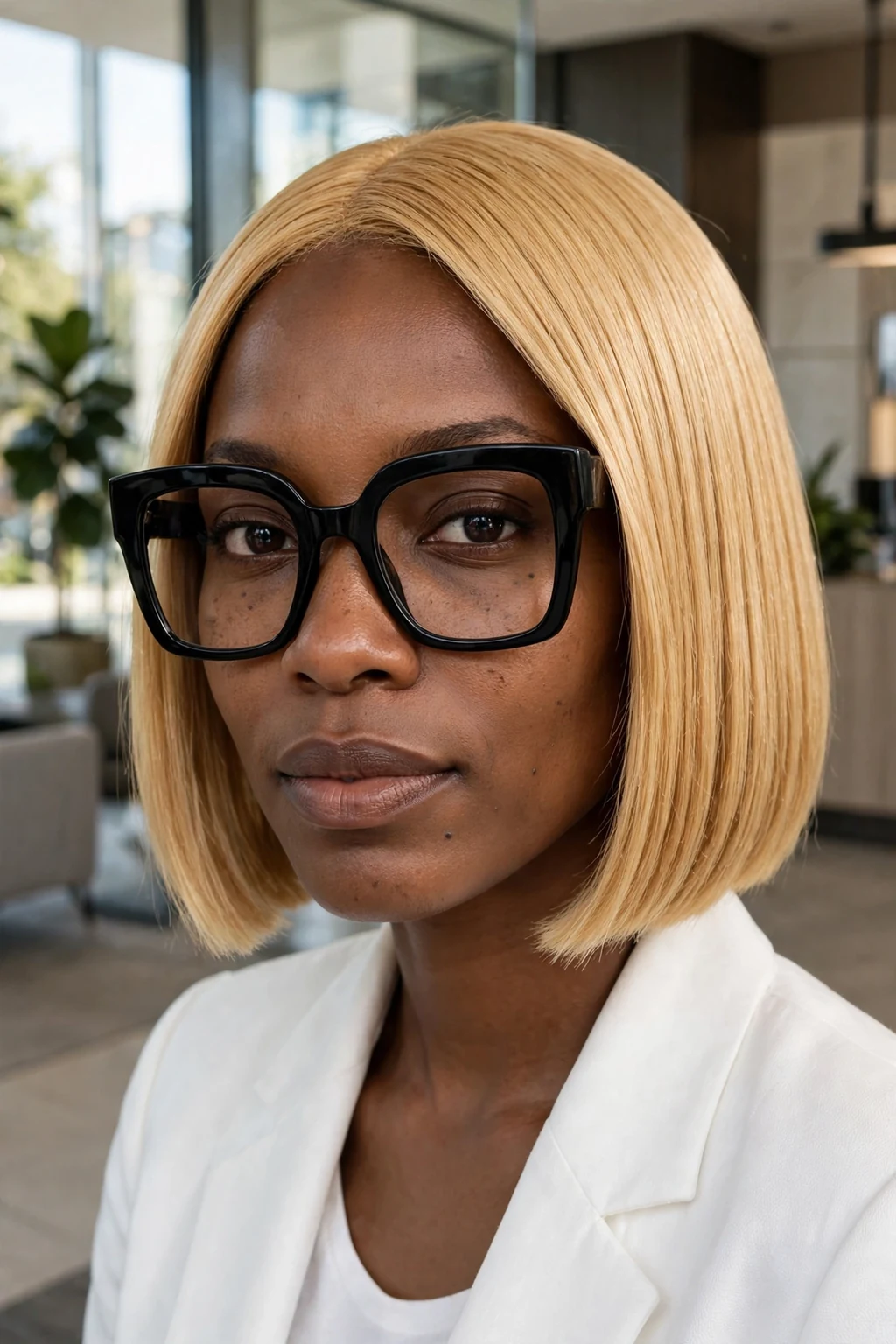 Young woman in her early 30s with a golden blonde bob wearing oversized square glasses.