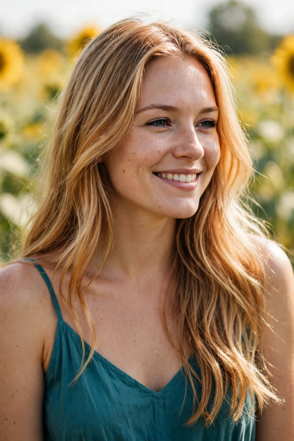 Young Caucasian woman in her late 20s with long golden-blonde hair carrying an apricot tint, wearing a teal sundress in a sunflower field.