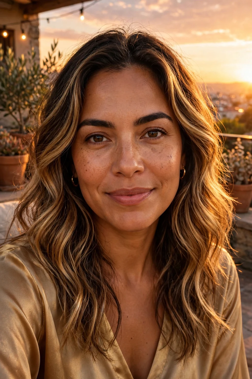 Beautiful woman with golden bronde, warm golden blonde-brown, glowing light.