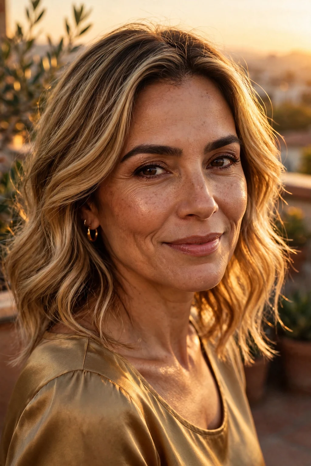 Beautiful woman with golden bronde melt, warm golden bronde, glowing light.