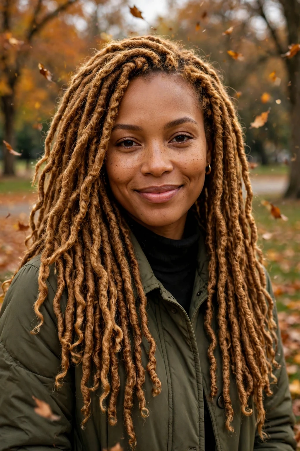 Young Black woman with golden-brown faux locs past her shoulders, wearing an olive coat, in a park in fall.