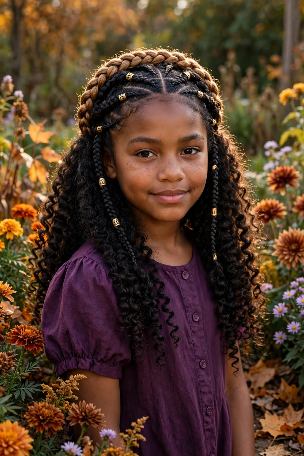 A young girl with a golden cornrow crown circling her head, wearing a plum dress in a garden with autumn flowers.