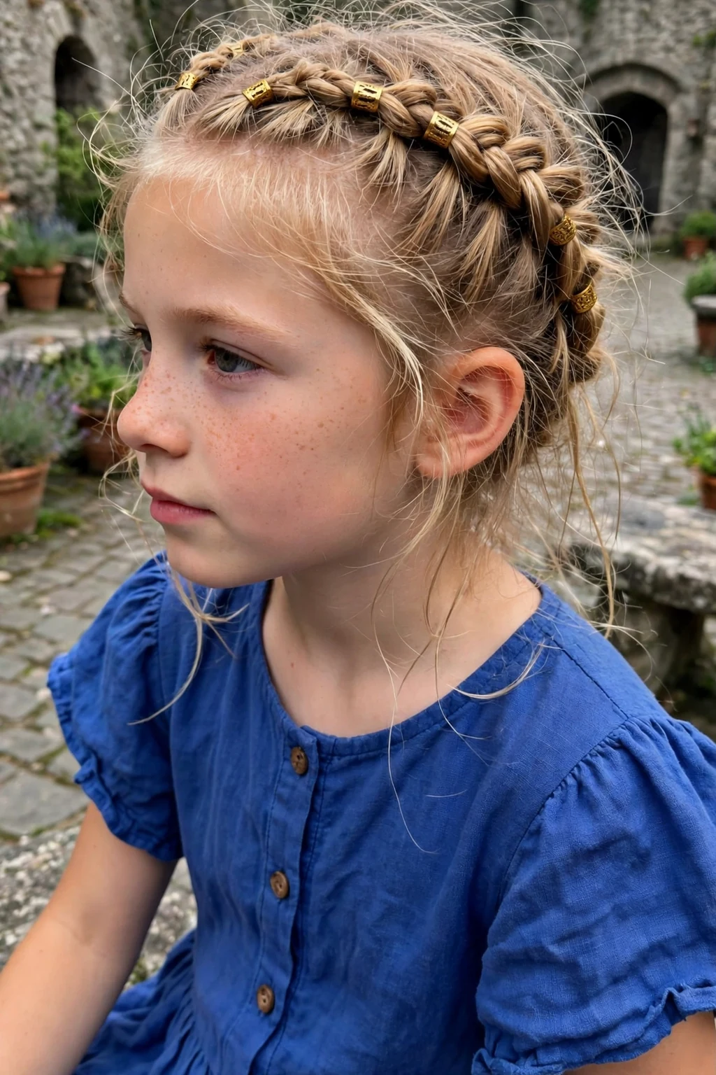 A young girl with Dutch braids forming a crown with gold cuffs in a castle courtyard.
