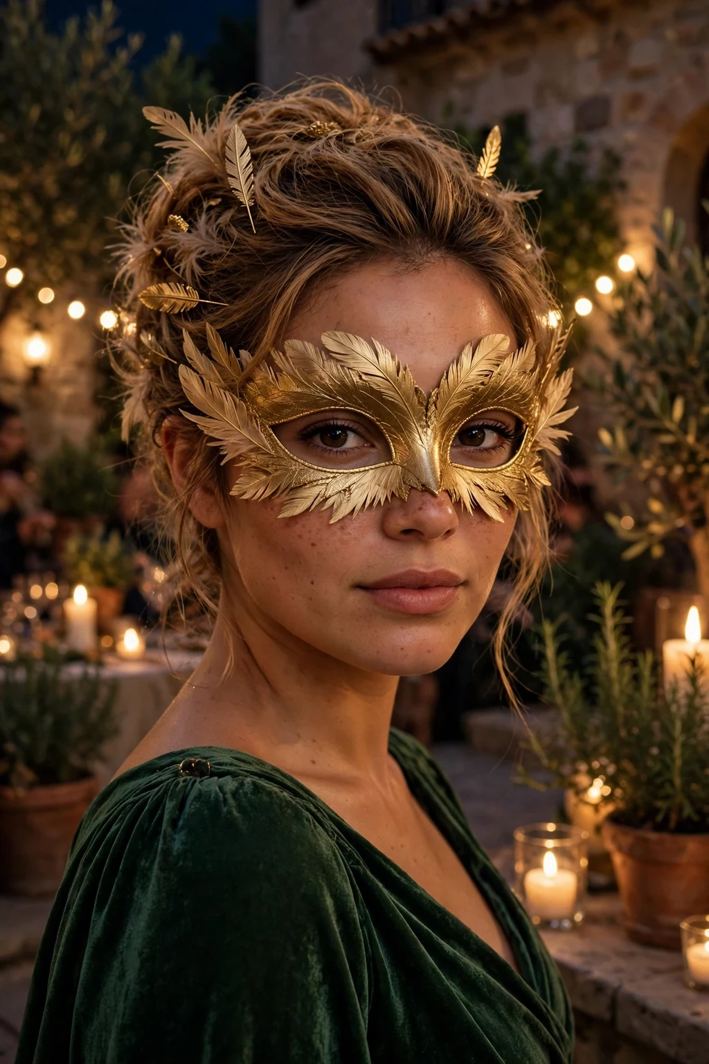 Young woman with a golden feathered updo and a feather masquerade mask.