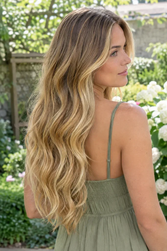 Woman with very long wavy hair featuring golden honey balayage, viewed from a three-quarter rear angle in a sunlit garden, wearing a sage green sleeveless dress.
