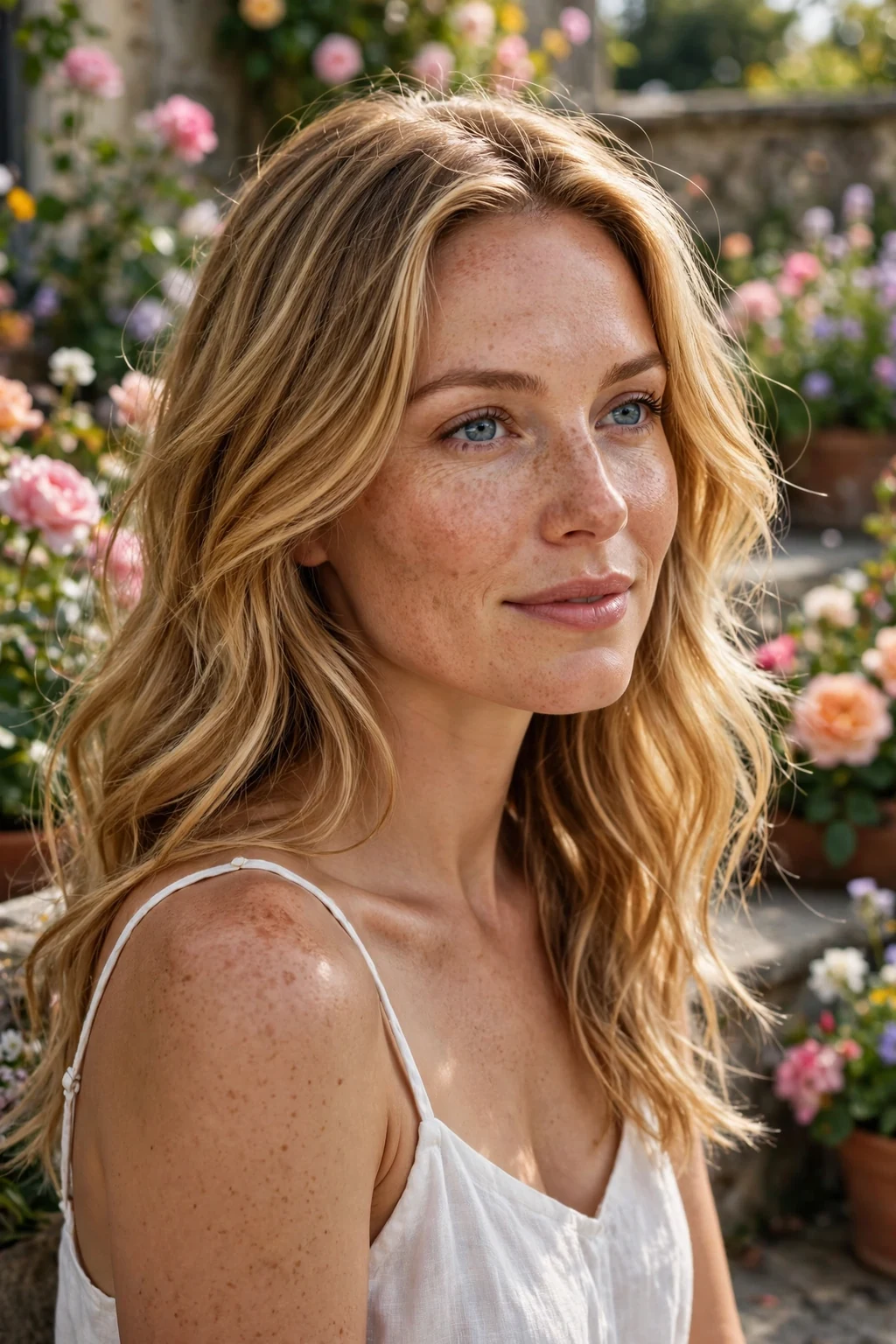 Beautiful woman with golden honey balayage hair color, warm dimensional blonde, salon light.