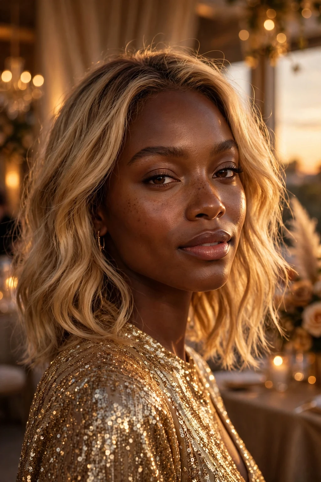 Beautiful woman with golden hour blonde hair color, warm sunset golden tones, glowing light.