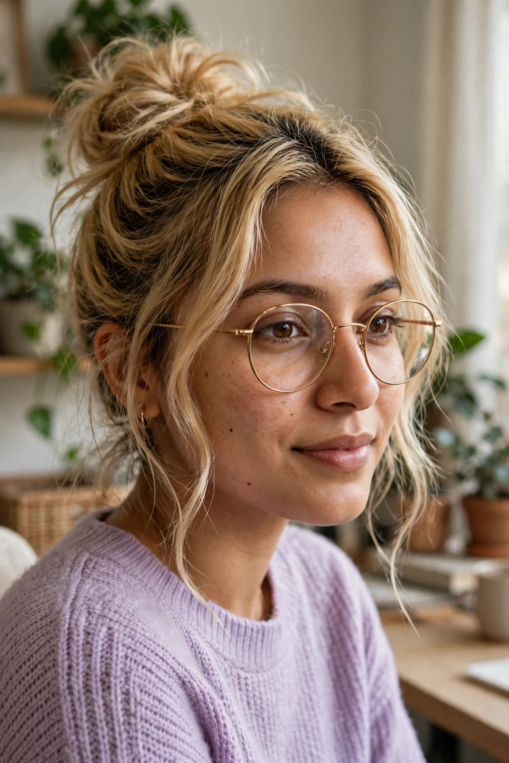 Young woman in her mid 20s with a golden blonde messy bun wearing thin gold round glasses.