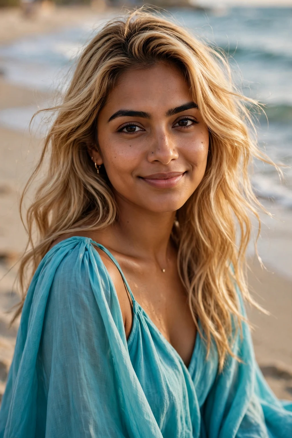 Beautiful woman with golden sand blonde hair color, soft sandy golden tones, natural light.