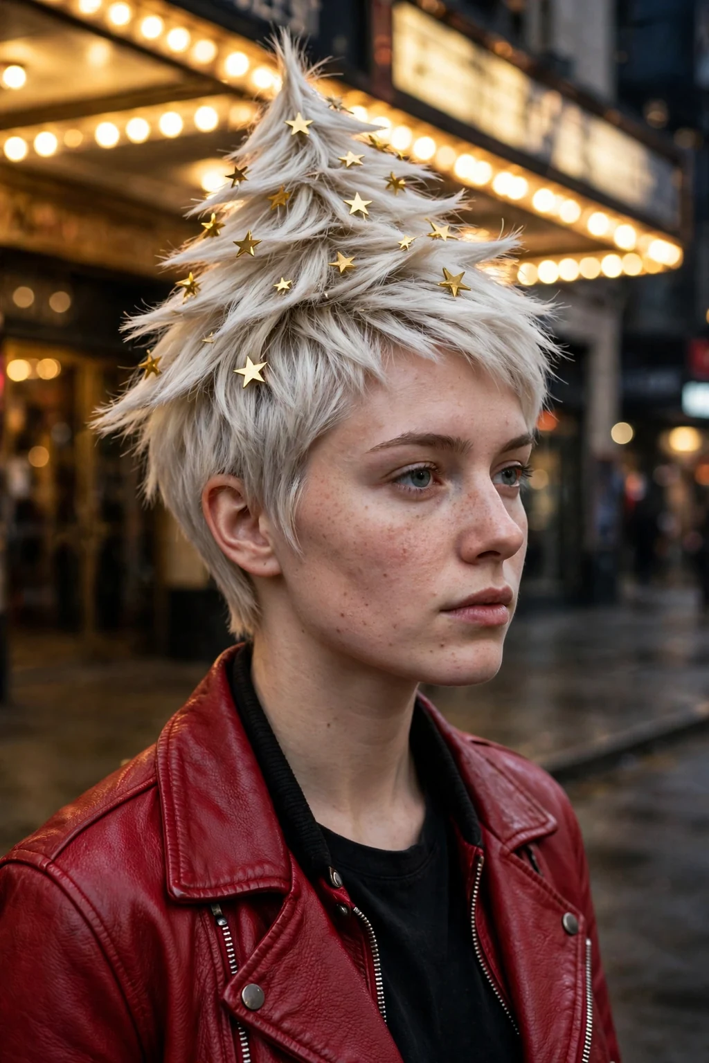 Young woman with golden star pixie cut hairstyle, festive holiday look.