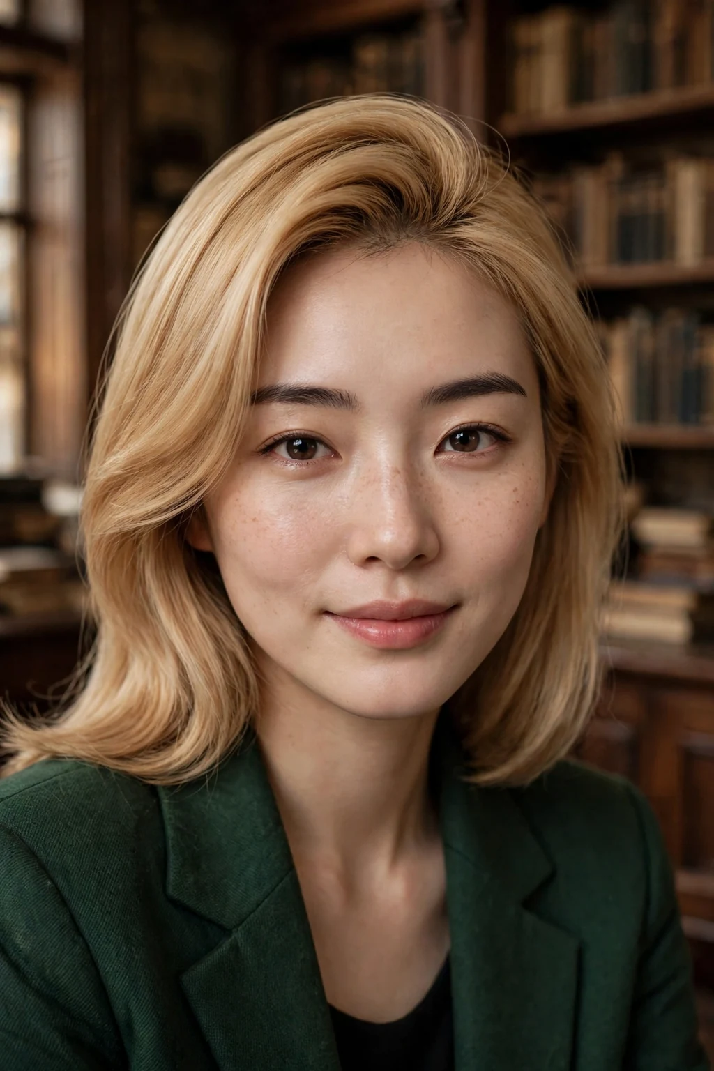 Young woman with golden wheat blonde hair in a sleek blowout, wearing a forest green blazer in a library.