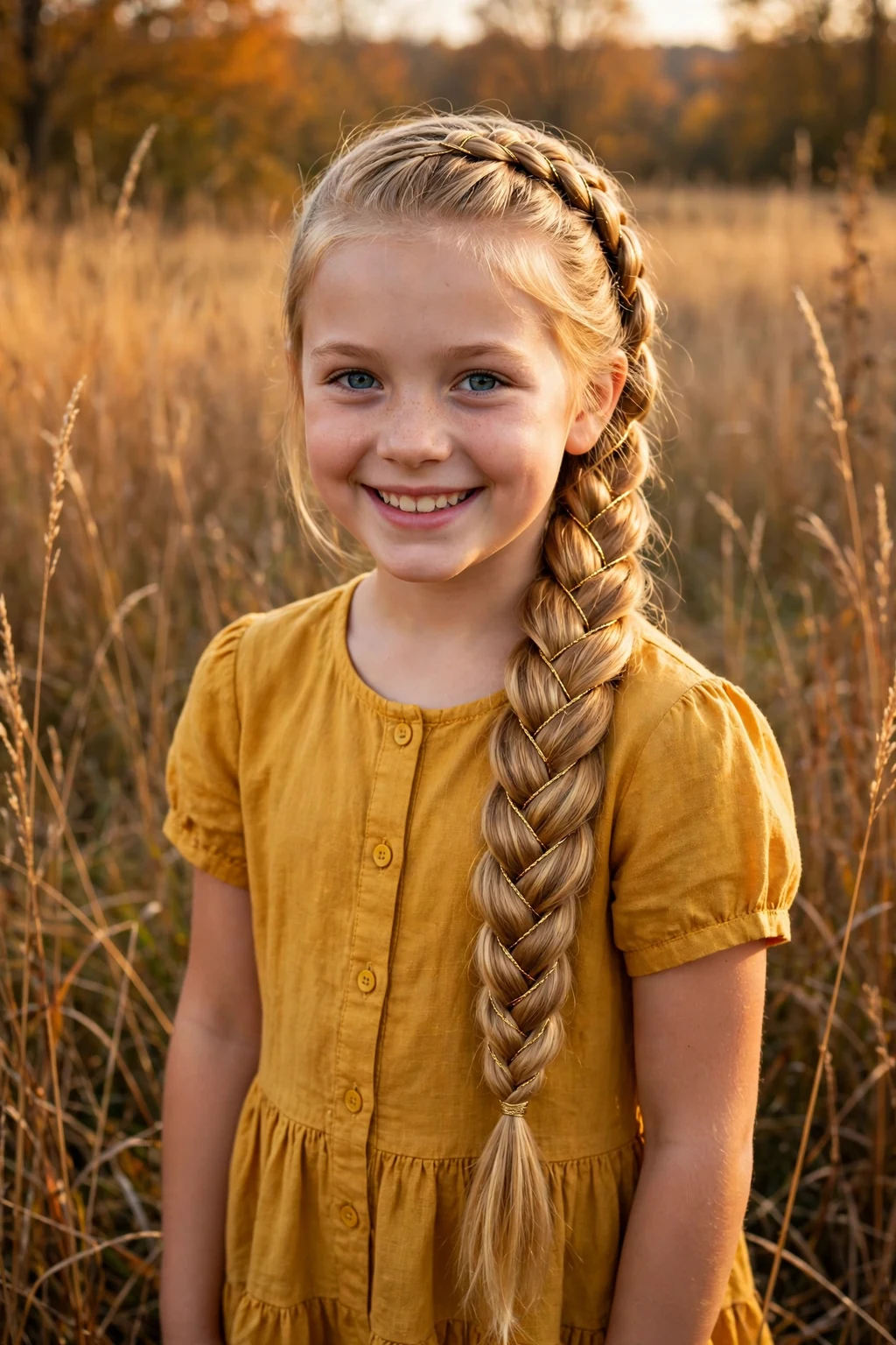 A young girl with a long golden wheat fishtail braid, wearing a mustard dress in a field of tall autumn grass.