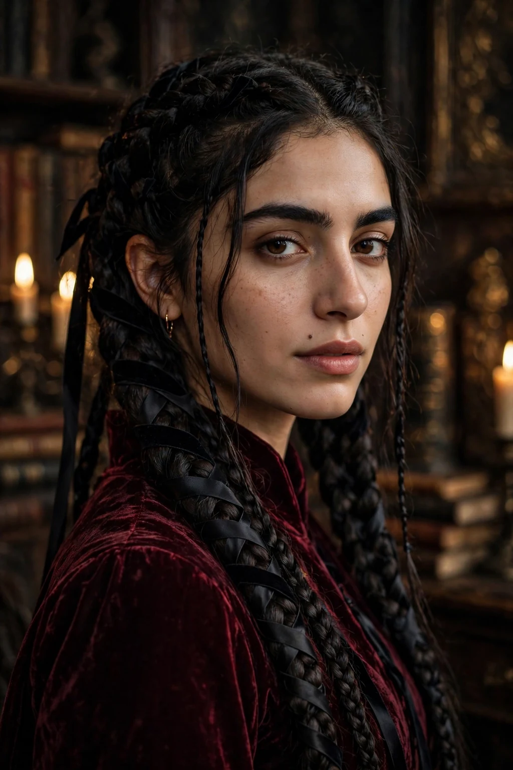 Young woman with dark gothic fishtail braids woven with black ribbon.