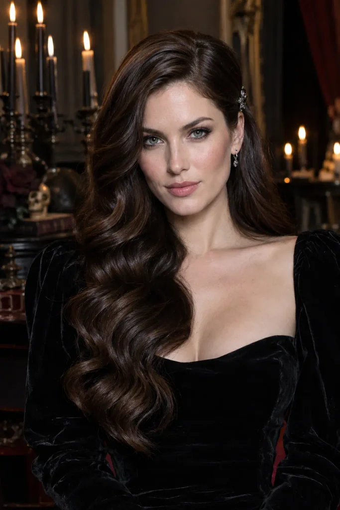 young woman with long chocolate-brown side-swept waves and a silver hair clip in a black velvet dress, photographed in a candlelit Halloween setting.