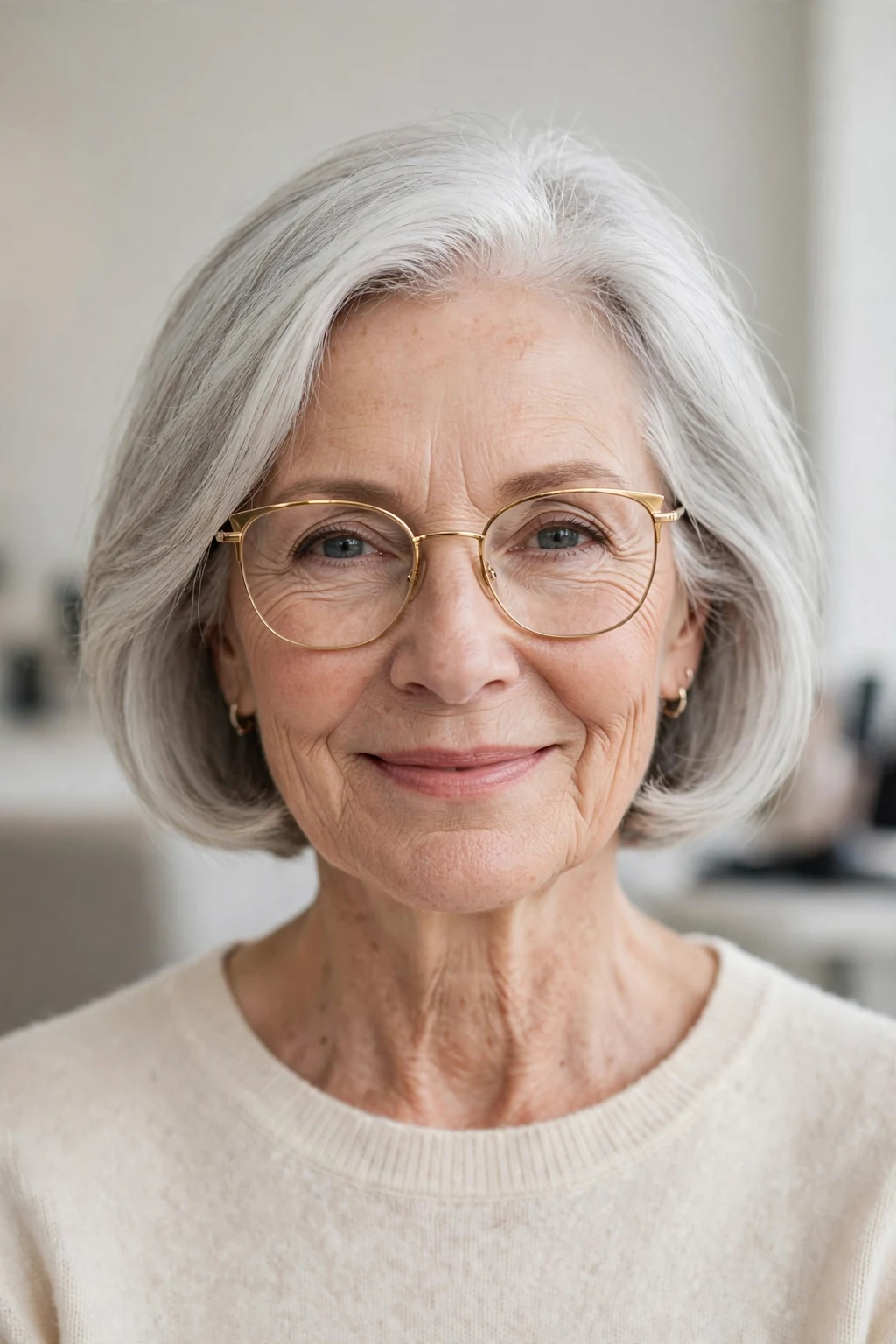 Elegant woman over 50 with fine hair and glasses and graceful gray bob, soft luminous silver, stunning light.