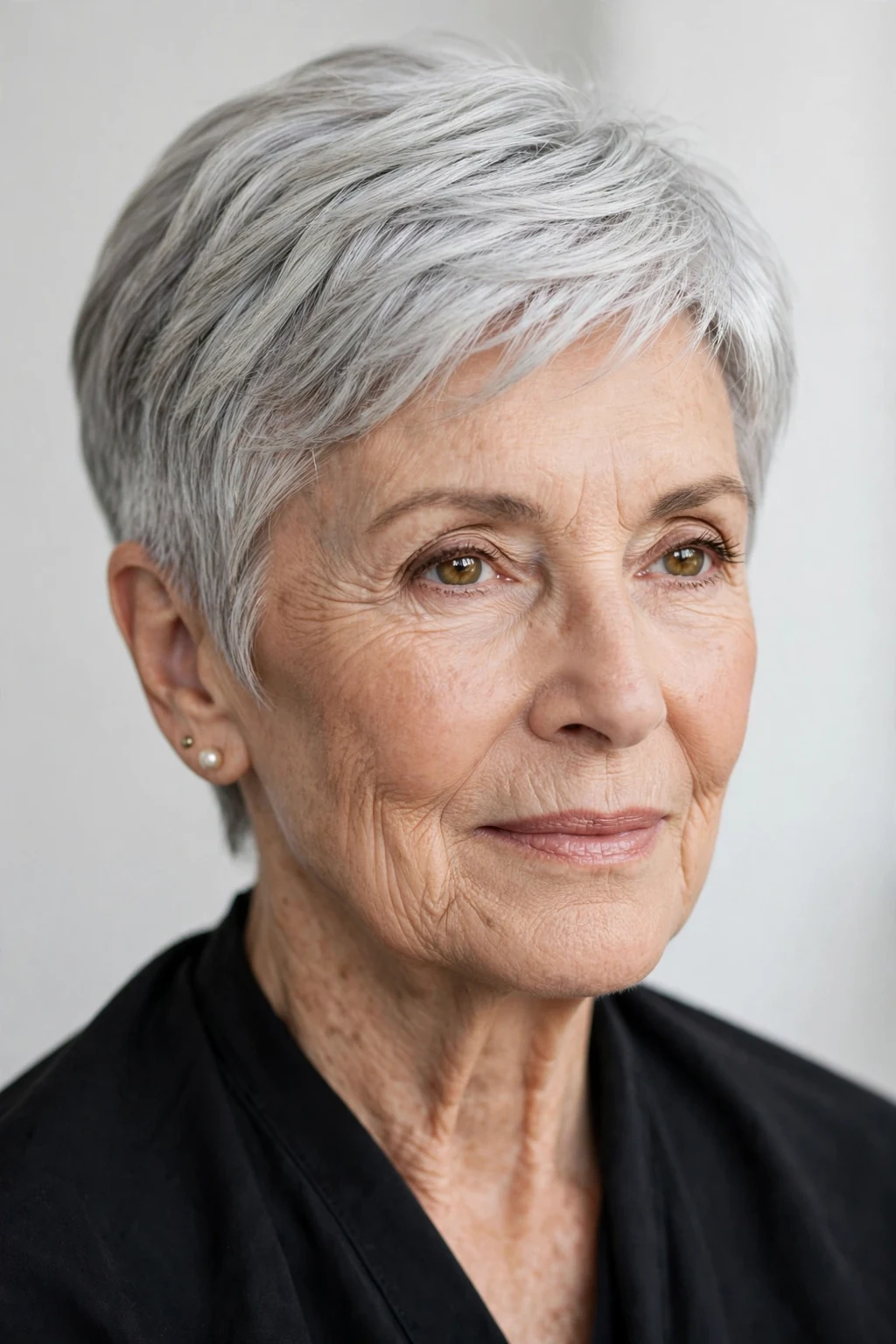 Elegant woman over 70 with graceful gray crop, soft luminous silver, stunning light.