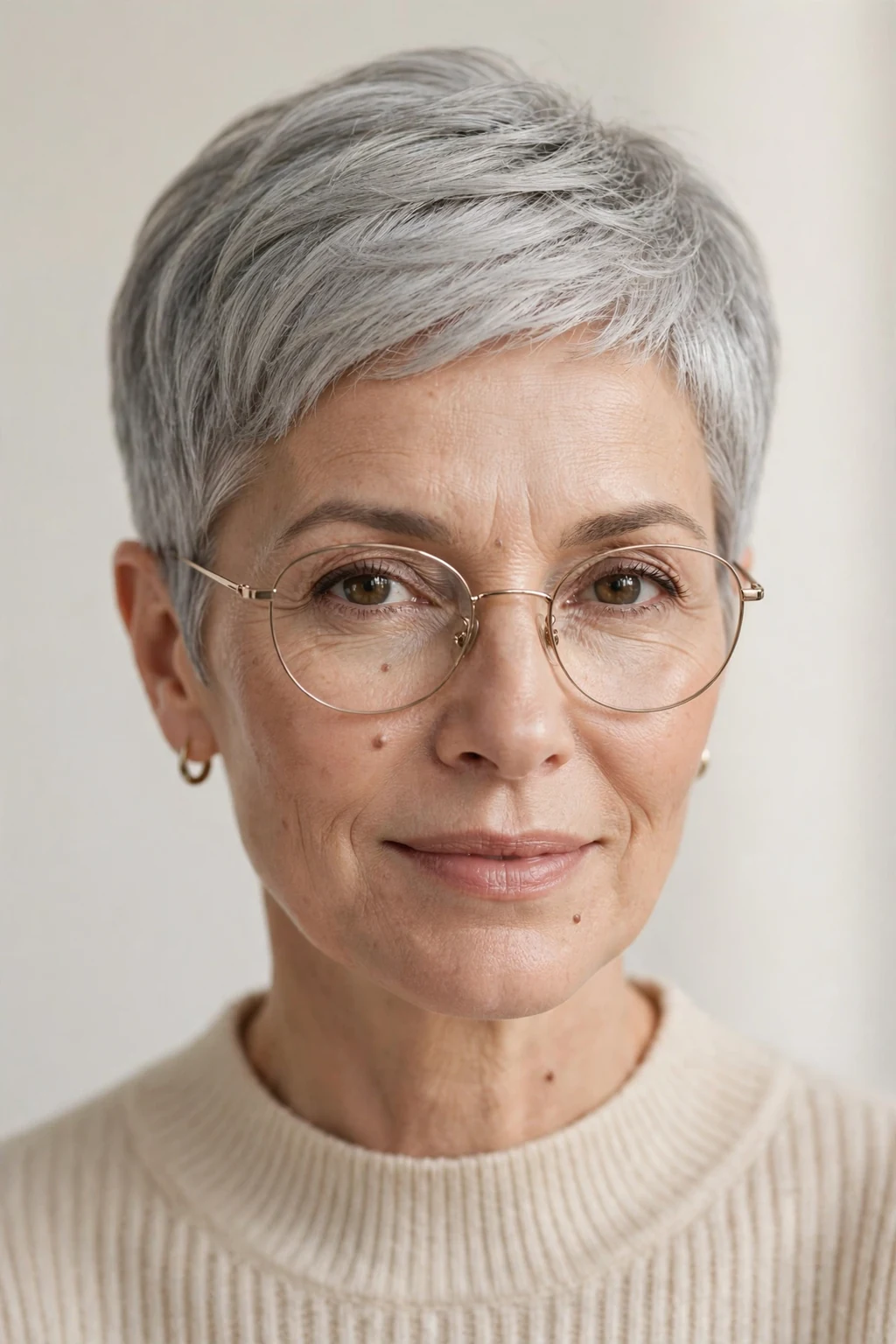Elegant woman over 50 with glasses and graceful gray crop, soft luminous silver, stunning light.