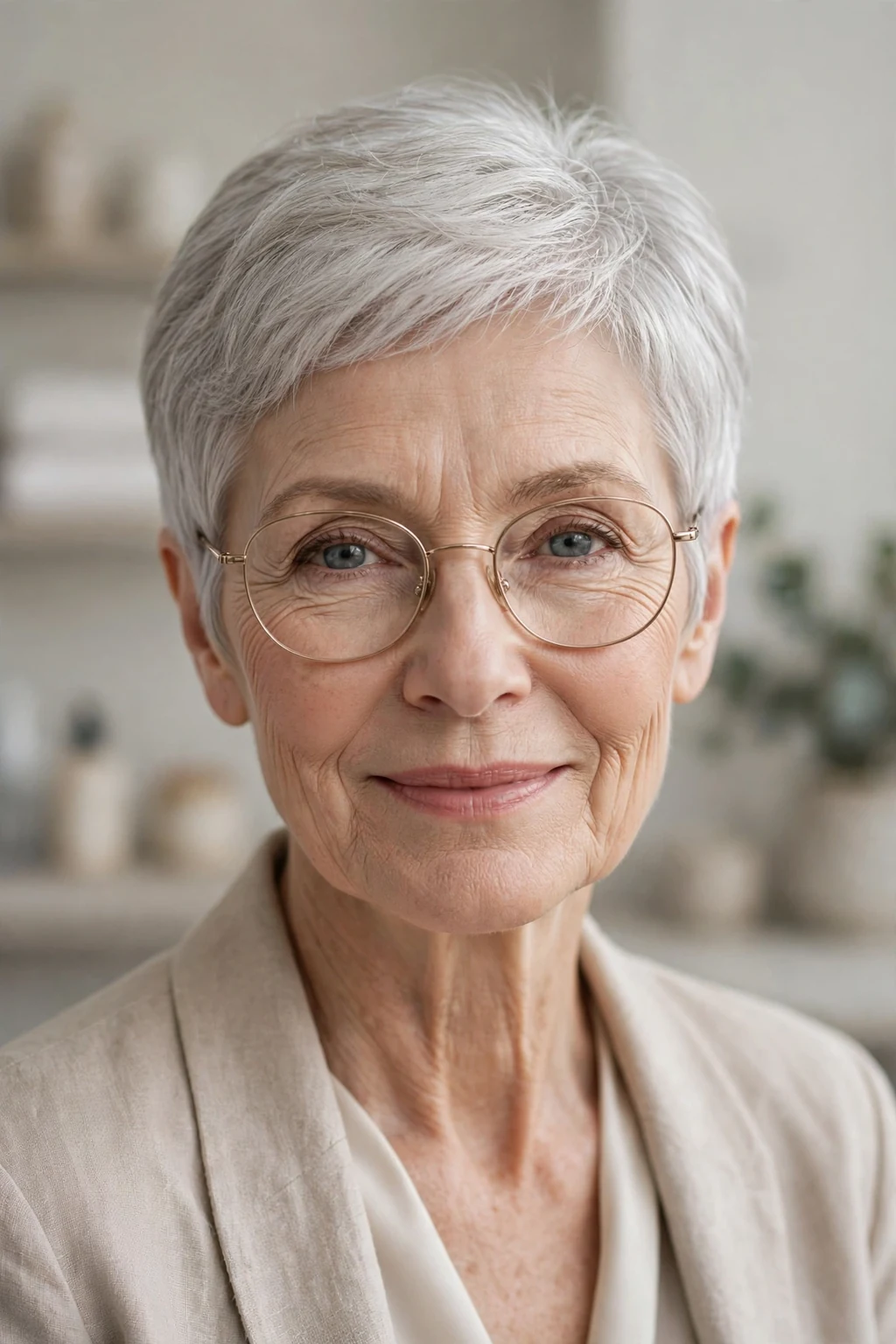 Elegant woman over 60 with fine hair and glasses and graceful gray crop, soft luminous silver, stunning light.